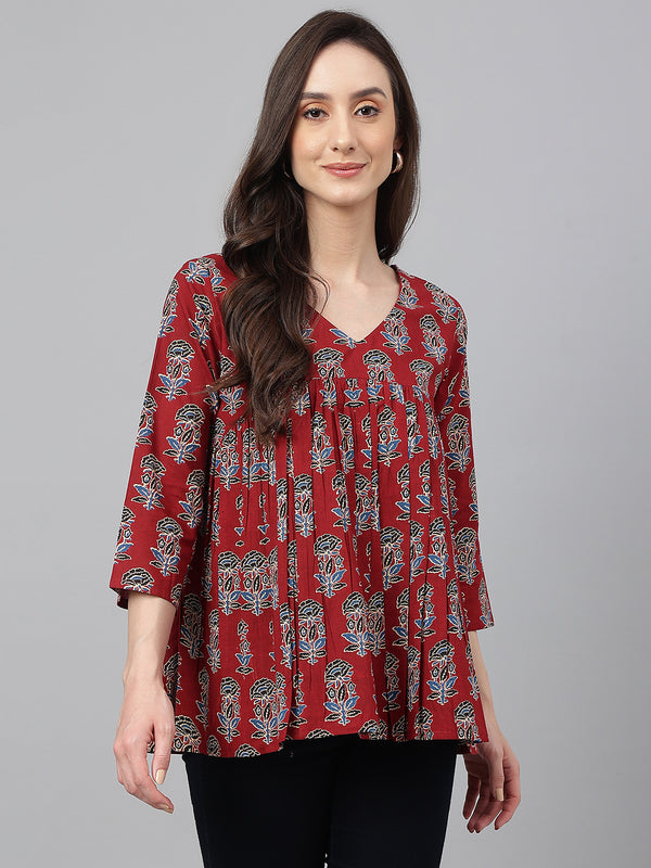 Janasya Women's Maroon Cotton Floral Block Print Flared Top - Distacart
