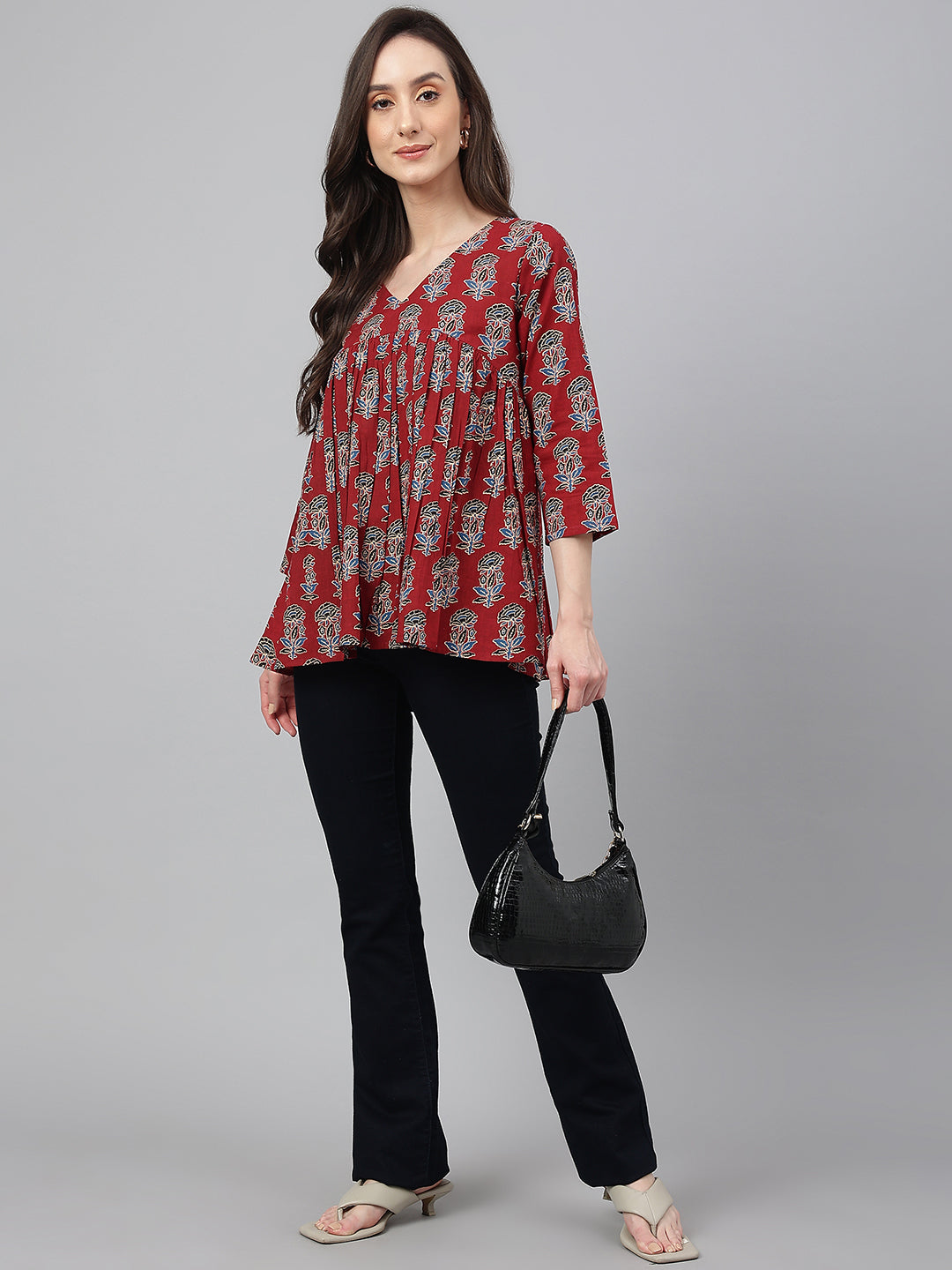 Janasya Women's Maroon Cotton Floral Block Print Flared Top - Distacart
