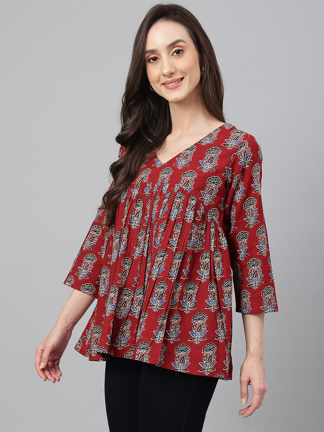 Janasya Women's Maroon Cotton Floral Block Print Flared Top - Distacart
