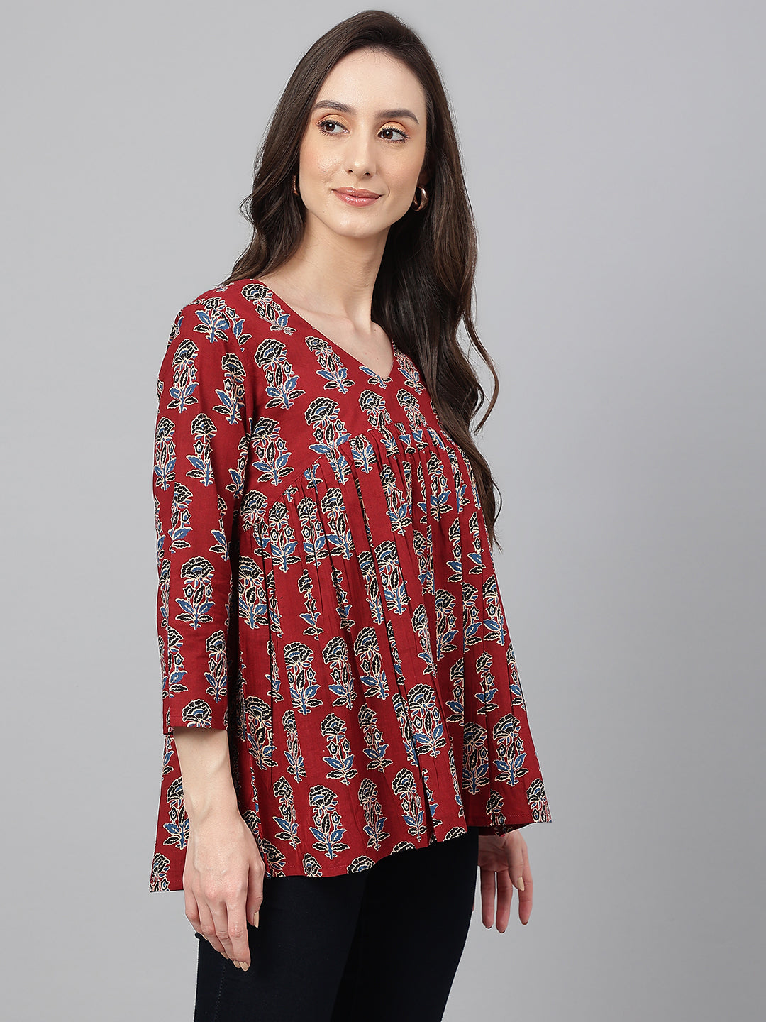 Janasya Women's Maroon Cotton Floral Block Print Flared Top - Distacart