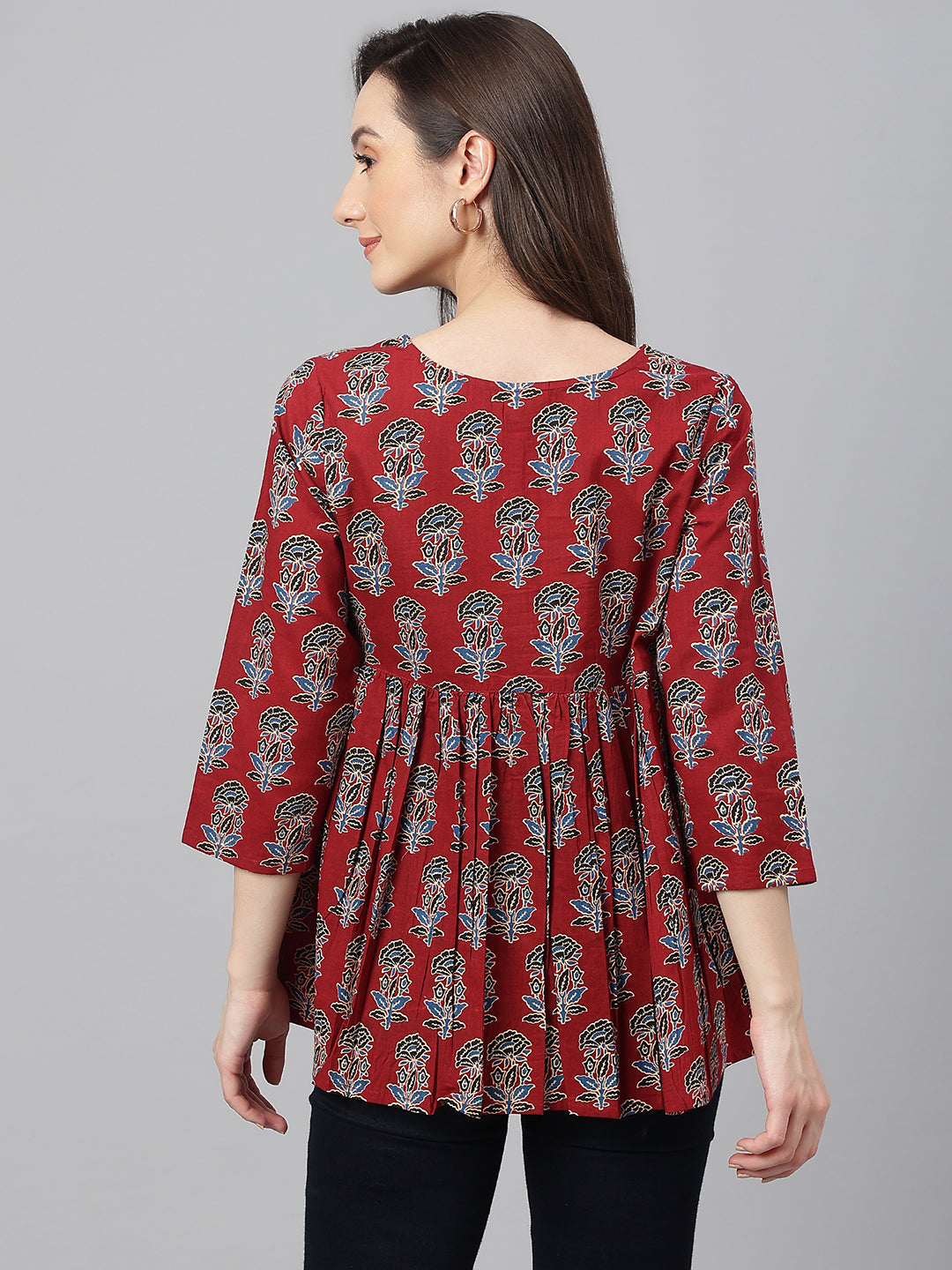Janasya Women's Maroon Cotton Floral Block Print Flared Top - Distacart