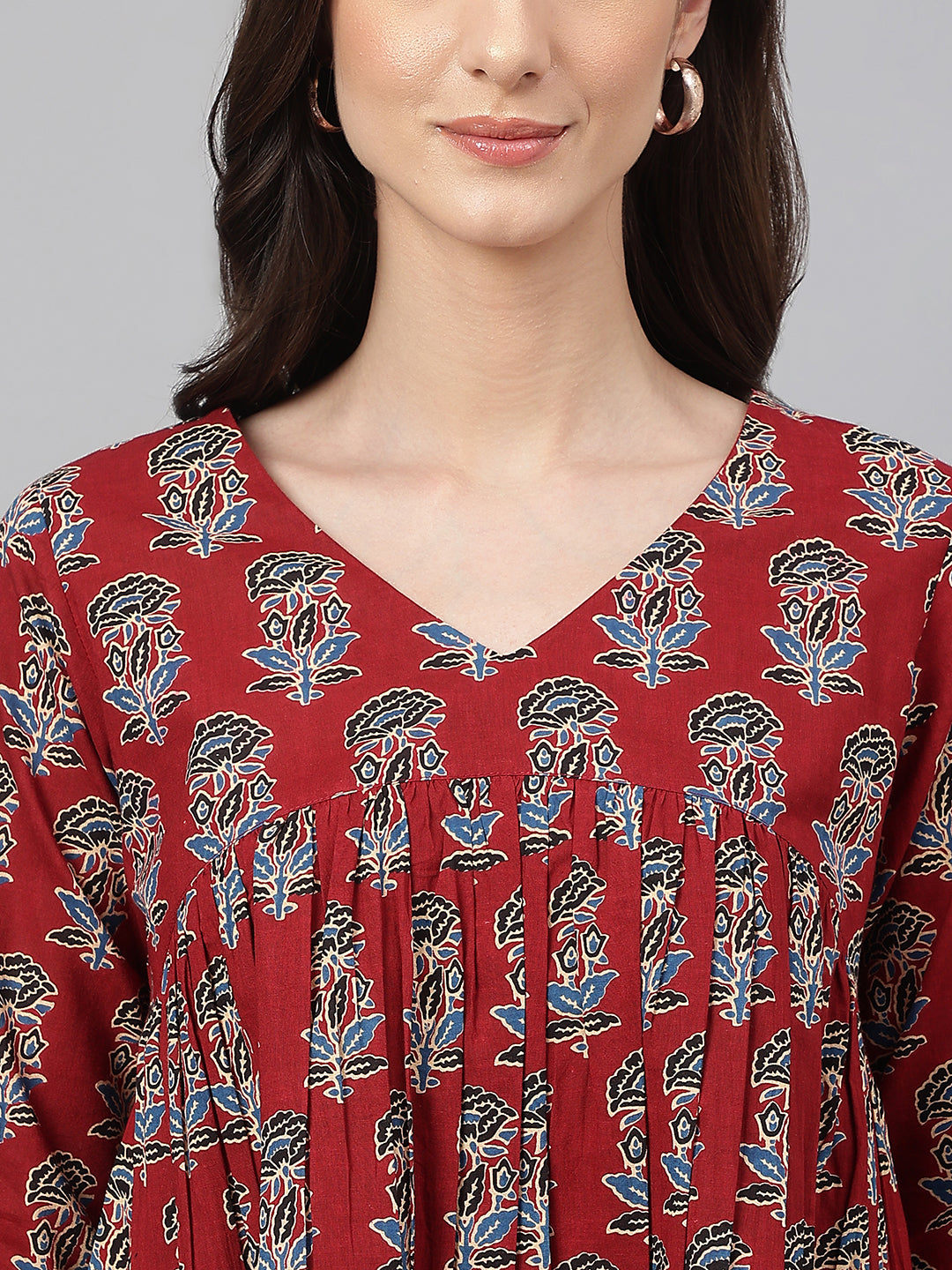 Janasya Women's Maroon Cotton Floral Block Print Flared Top - Distacart