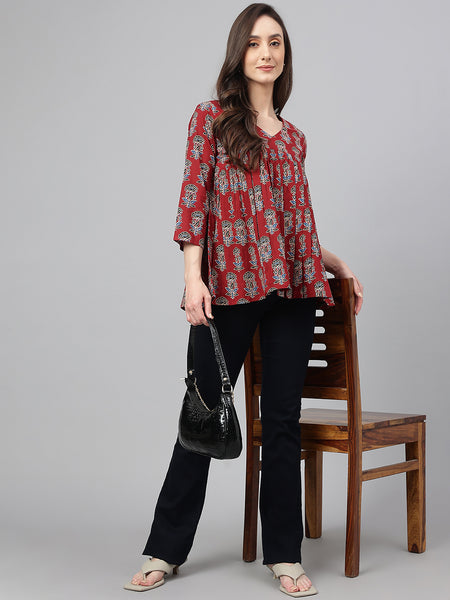 Janasya Women's Maroon Cotton Floral Block Print Flared Top - Distacart