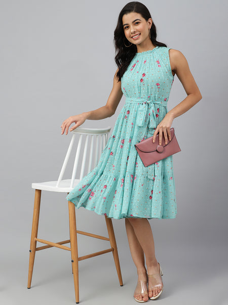 Janasya Women's Sea Green Dobby Georgette Floral Printed Tiered Western Dress - Distacart