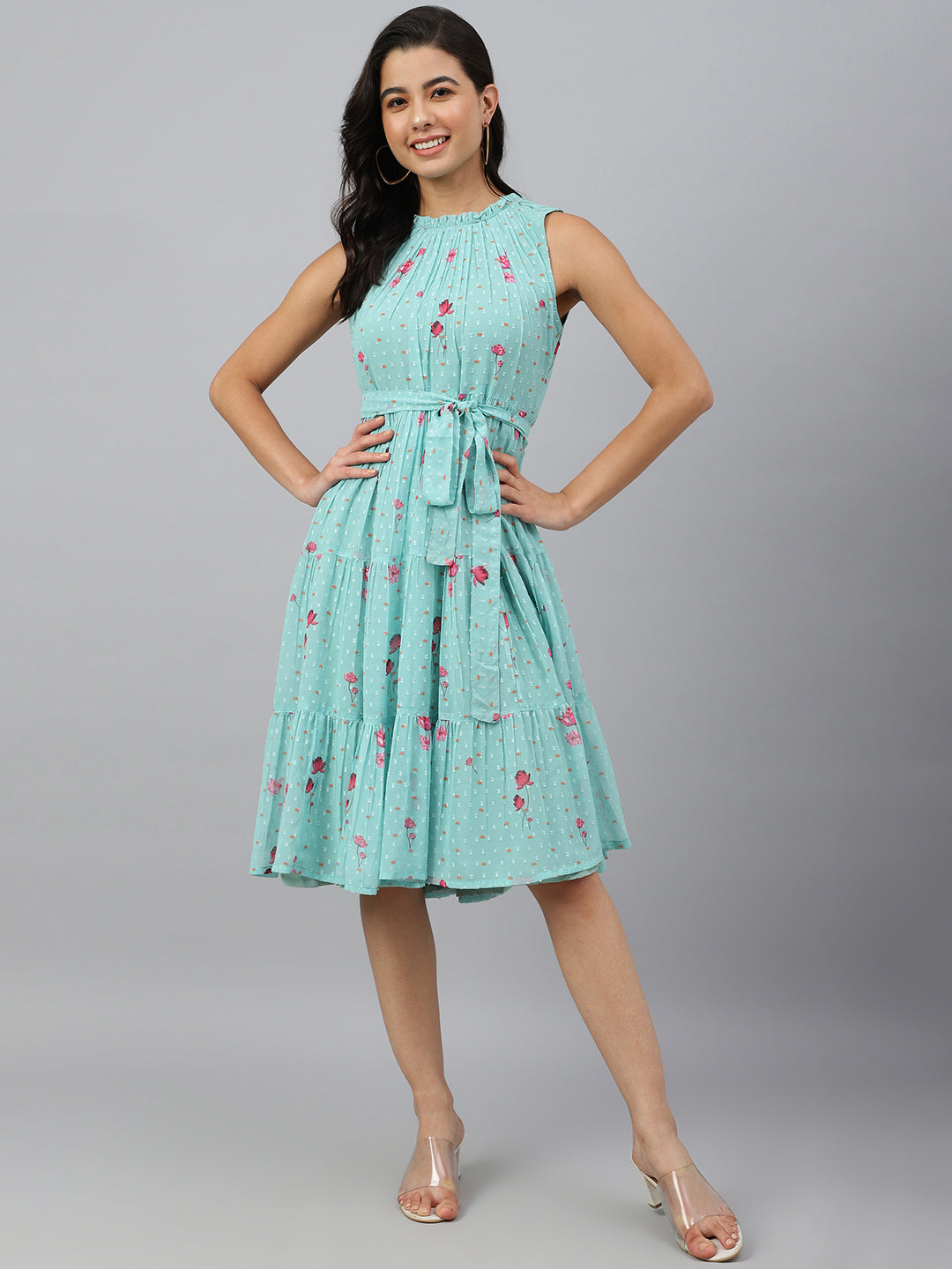 Janasya Women's Sea Green Dobby Georgette Floral Printed Tiered Western Dress - Distacart