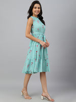Thumbnail for Janasya Women's Sea Green Dobby Georgette Floral Printed Tiered Western Dress - Distacart