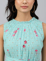 Thumbnail for Janasya Women's Sea Green Dobby Georgette Floral Printed Tiered Western Dress - Distacart