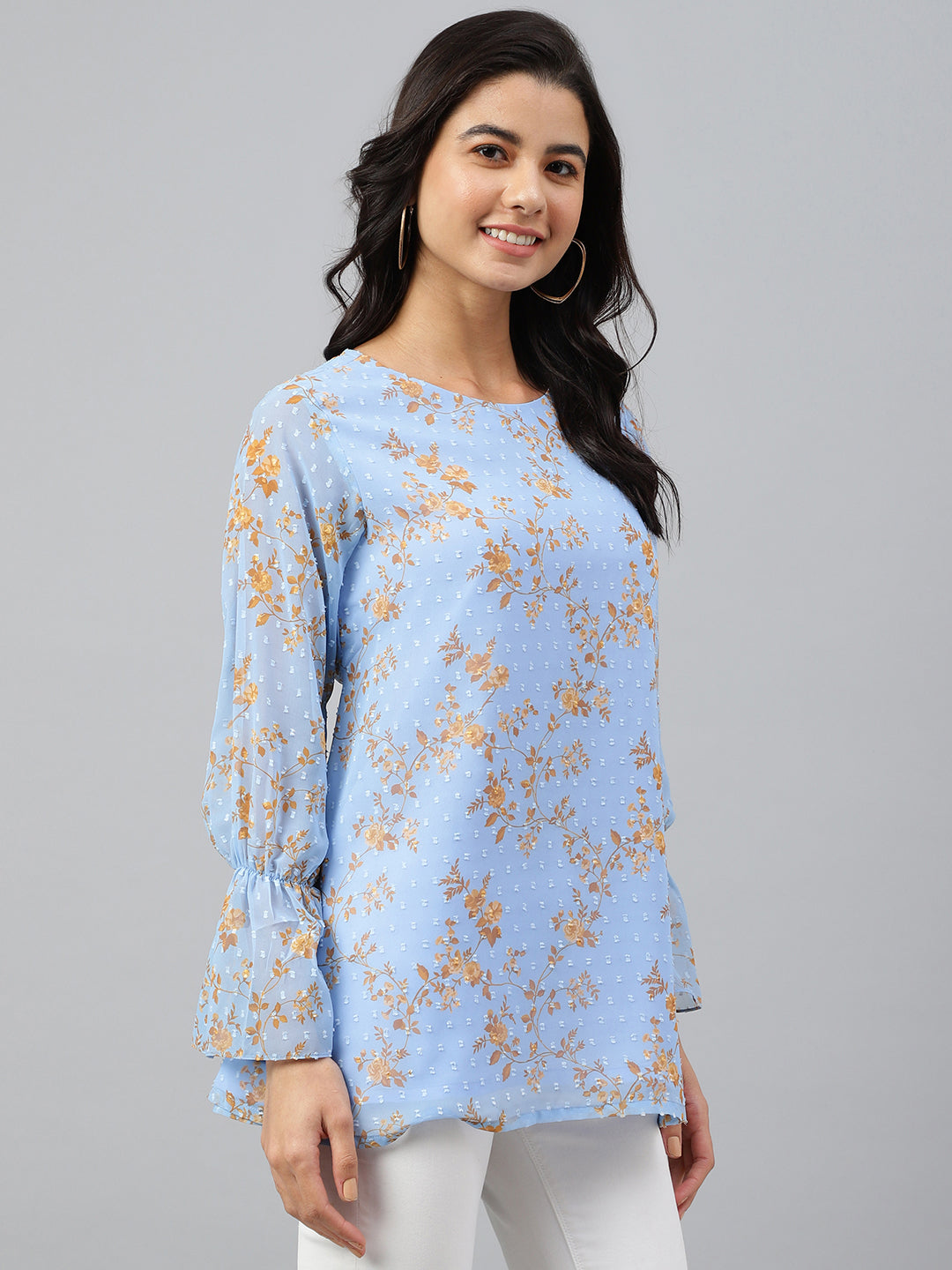 Janasya Women's Sky Blue Dobby Georgette Digital Print A-Line Top - Distacart