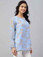 Thumbnail for Janasya Women's Sky Blue Dobby Georgette Digital Print A-Line Top - Distacart