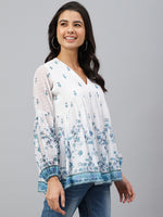 Thumbnail for Janasya Women's White Georgette Digital Print Flared Top - Distacart
