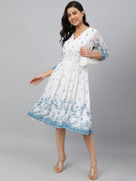 Thumbnail for Janasya Women's White Georgette Digital Printed Flared Western Dress - Distacart