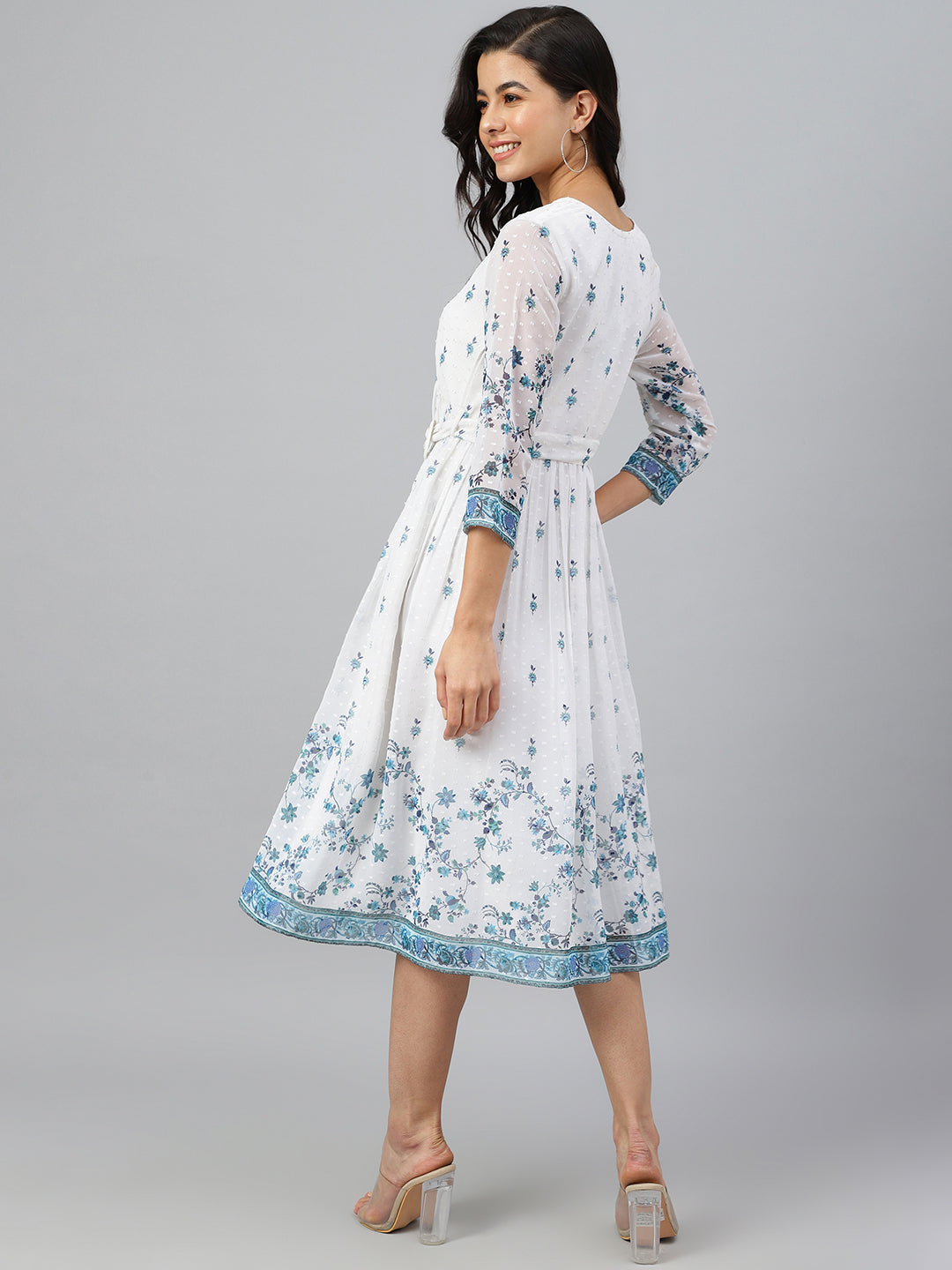 Janasya Women's White Georgette Digital Printed Flared Western Dress - Distacart