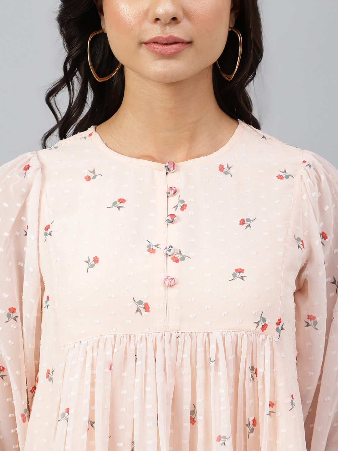 Janasya Women's Peach Georgette Floral Print Flared Top - Distacart