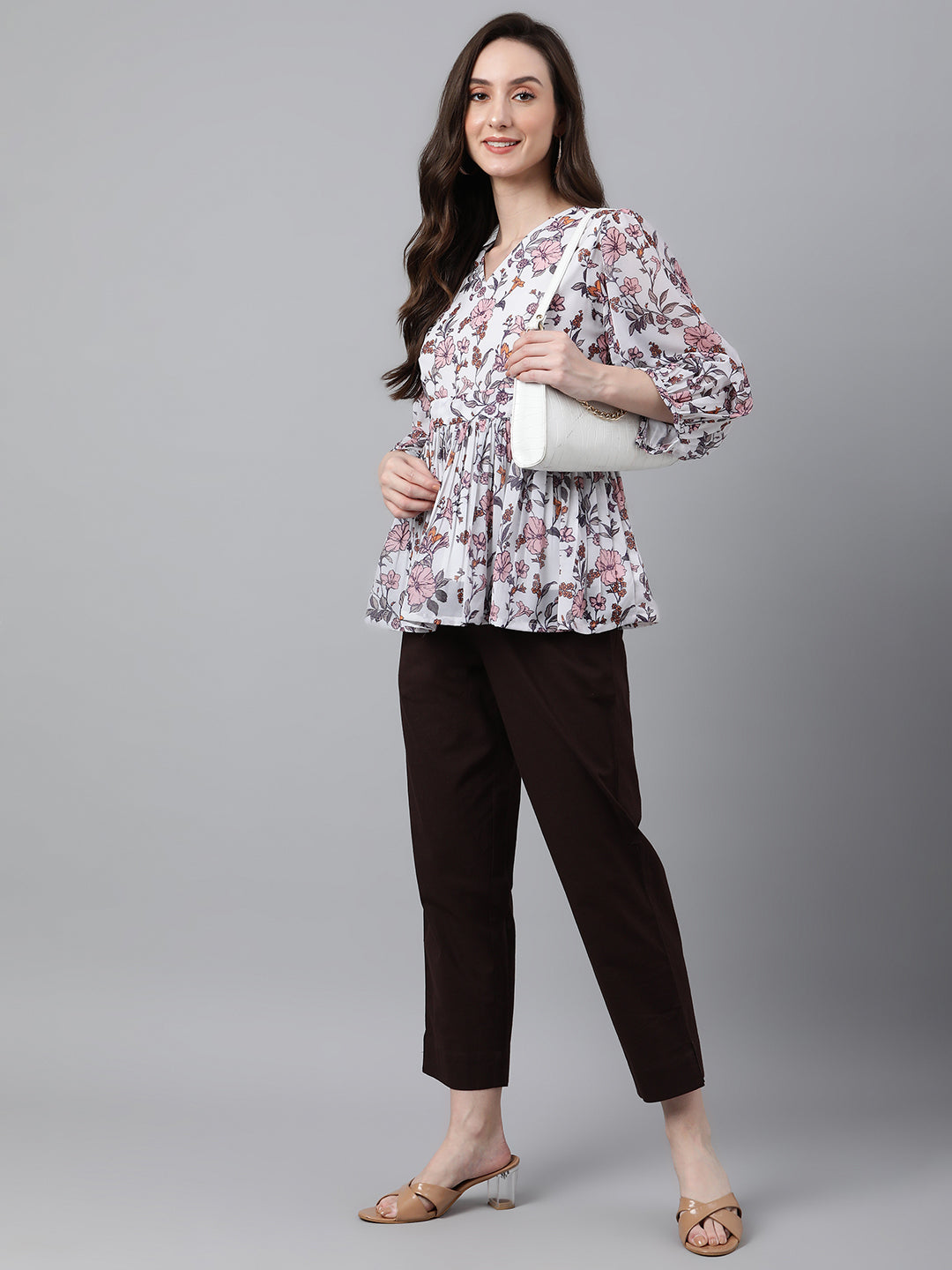 Janasya Women's White Georgette Floral Print Peplum Top - Distacart