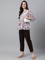 Thumbnail for Janasya Women's White Georgette Floral Print Peplum Top - Distacart