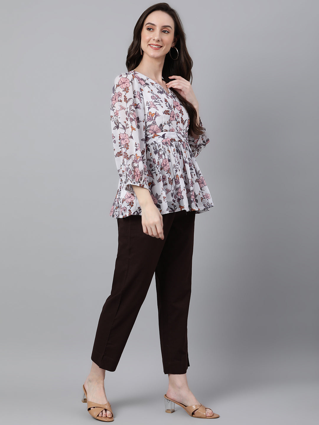 Janasya Women's White Georgette Floral Print Peplum Top - Distacart