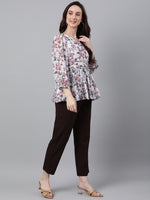 Thumbnail for Janasya Women's White Georgette Floral Print Peplum Top - Distacart