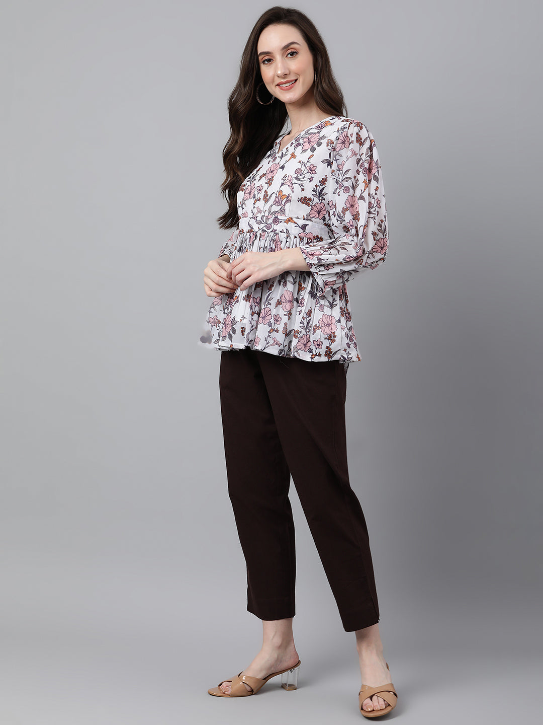 Janasya Women's White Georgette Floral Print Peplum Top - Distacart