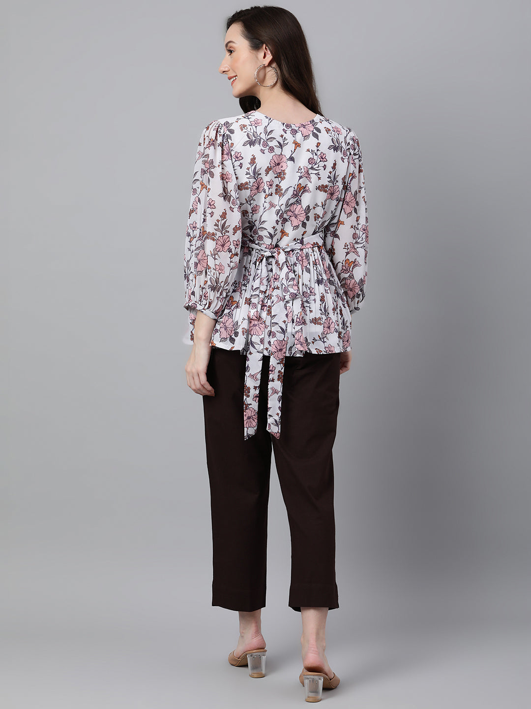 Janasya Women's White Georgette Floral Print Peplum Top - Distacart