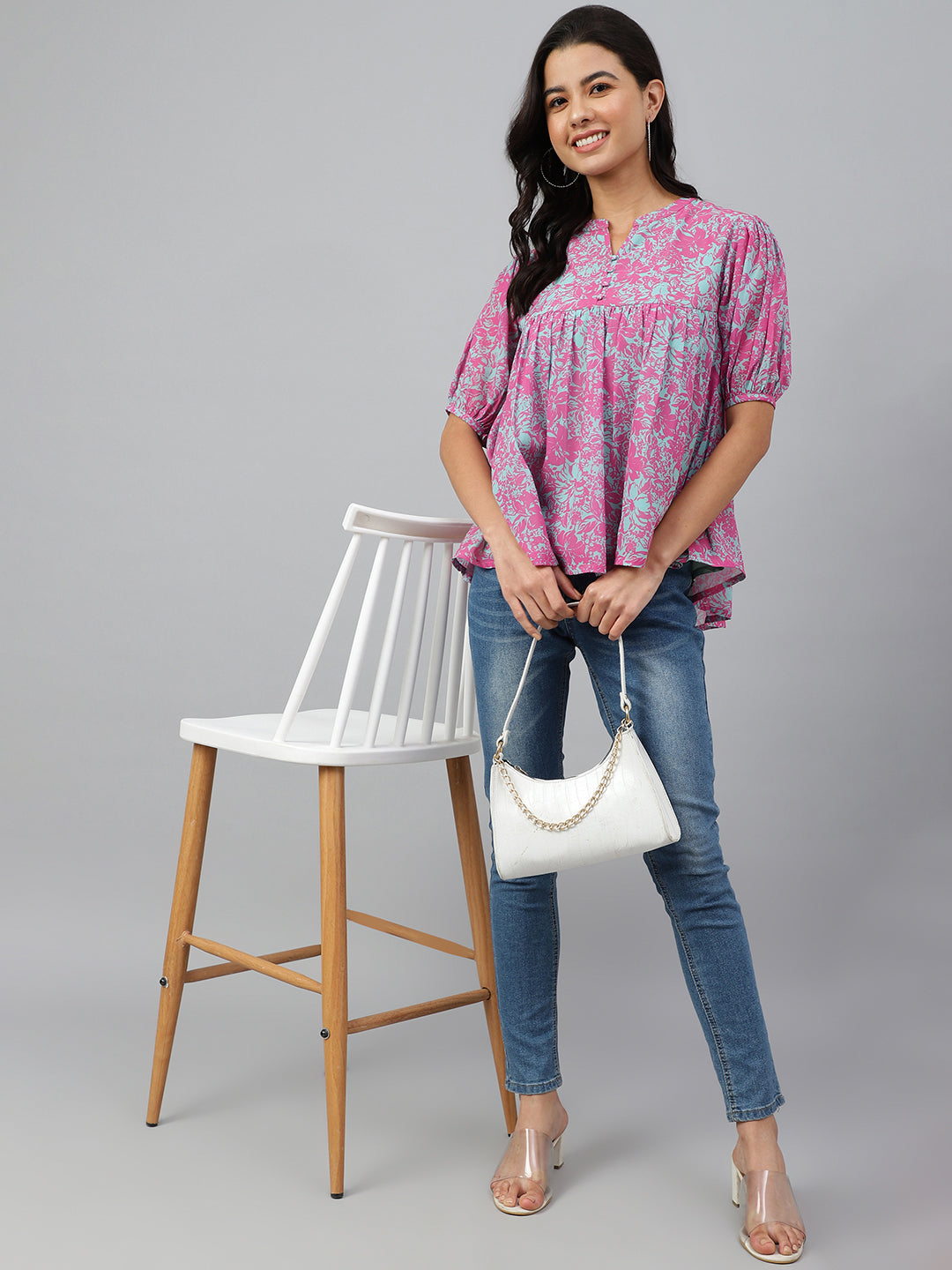 Janasya Women's Pink Georgette Digital Print Flared Top - Distacart