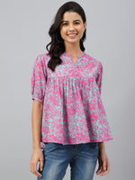 Thumbnail for Janasya Women's Pink Georgette Digital Print Flared Top - Distacart