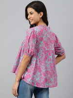 Thumbnail for Janasya Women's Pink Georgette Digital Print Flared Top - Distacart