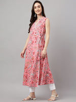Thumbnail for Janasya Women's Pink Cotton Floral Printed Casual Angrakha Kurta - Distacart