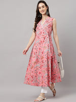 Thumbnail for Janasya Women's Pink Cotton Floral Printed Casual Angrakha Kurta - Distacart
