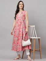 Thumbnail for Janasya Women's Pink Cotton Floral Printed Casual Angrakha Kurta - Distacart