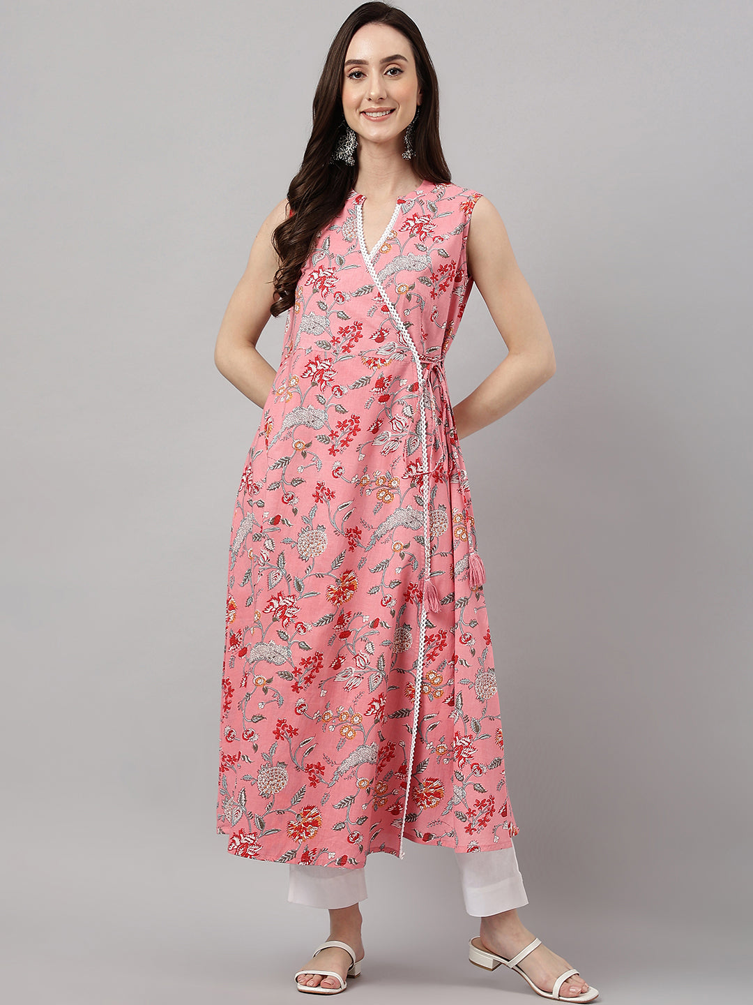 Janasya Women's Pink Cotton Floral Printed Casual Angrakha Kurta - Distacart