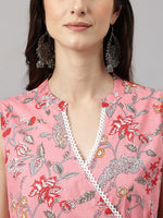 Thumbnail for Janasya Women's Pink Cotton Floral Printed Casual Angrakha Kurta - Distacart