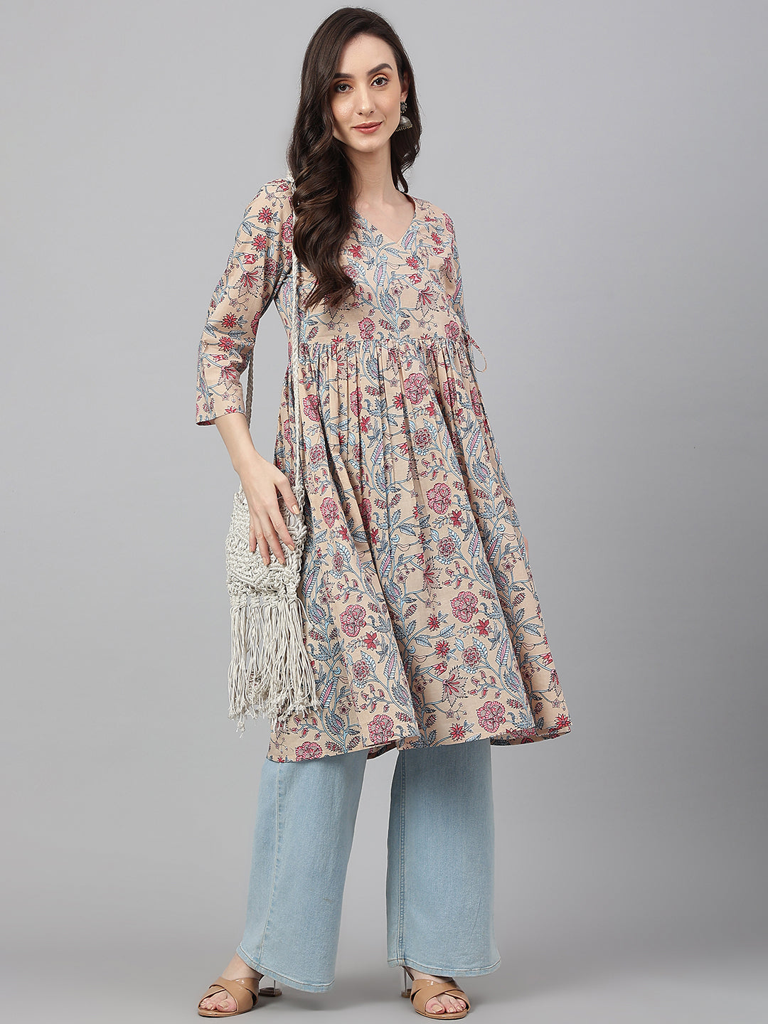Janasya Women's Beige Cotton Floral Printed Casual Angrakha Kurta - Distacart
