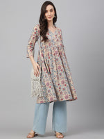 Thumbnail for Janasya Women's Beige Cotton Floral Printed Casual Angrakha Kurta - Distacart