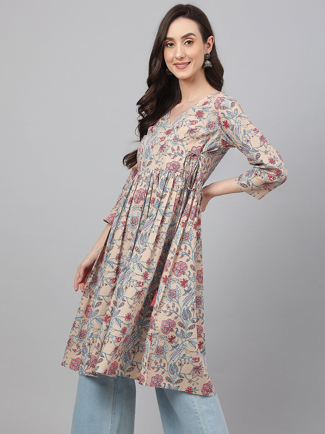 Janasya Women's Beige Cotton Floral Printed Casual Angrakha Kurta - Distacart