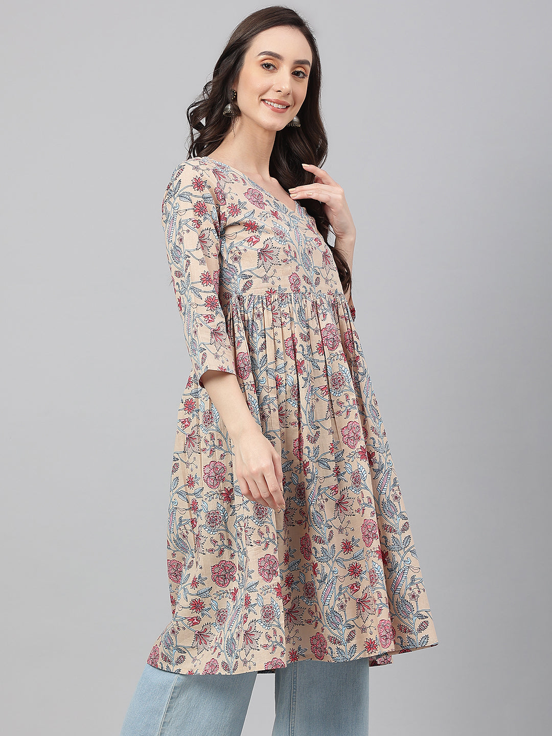 Janasya Women's Beige Cotton Floral Printed Casual Angrakha Kurta - Distacart