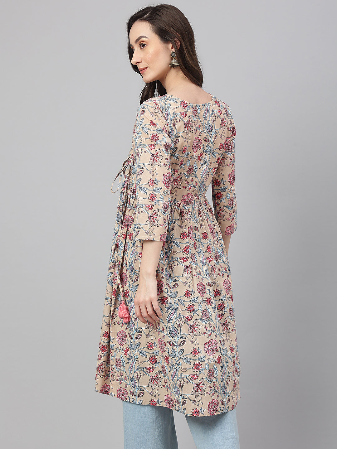 Janasya Women's Beige Cotton Floral Printed Casual Angrakha Kurta - Distacart