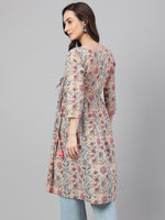Thumbnail for Janasya Women's Beige Cotton Floral Printed Casual Angrakha Kurta - Distacart