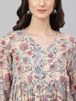 Thumbnail for Janasya Women's Beige Cotton Floral Printed Casual Angrakha Kurta - Distacart