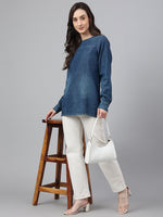 Thumbnail for Janasya Women's Dark Blue Denim Solid Regular Top - Distacart