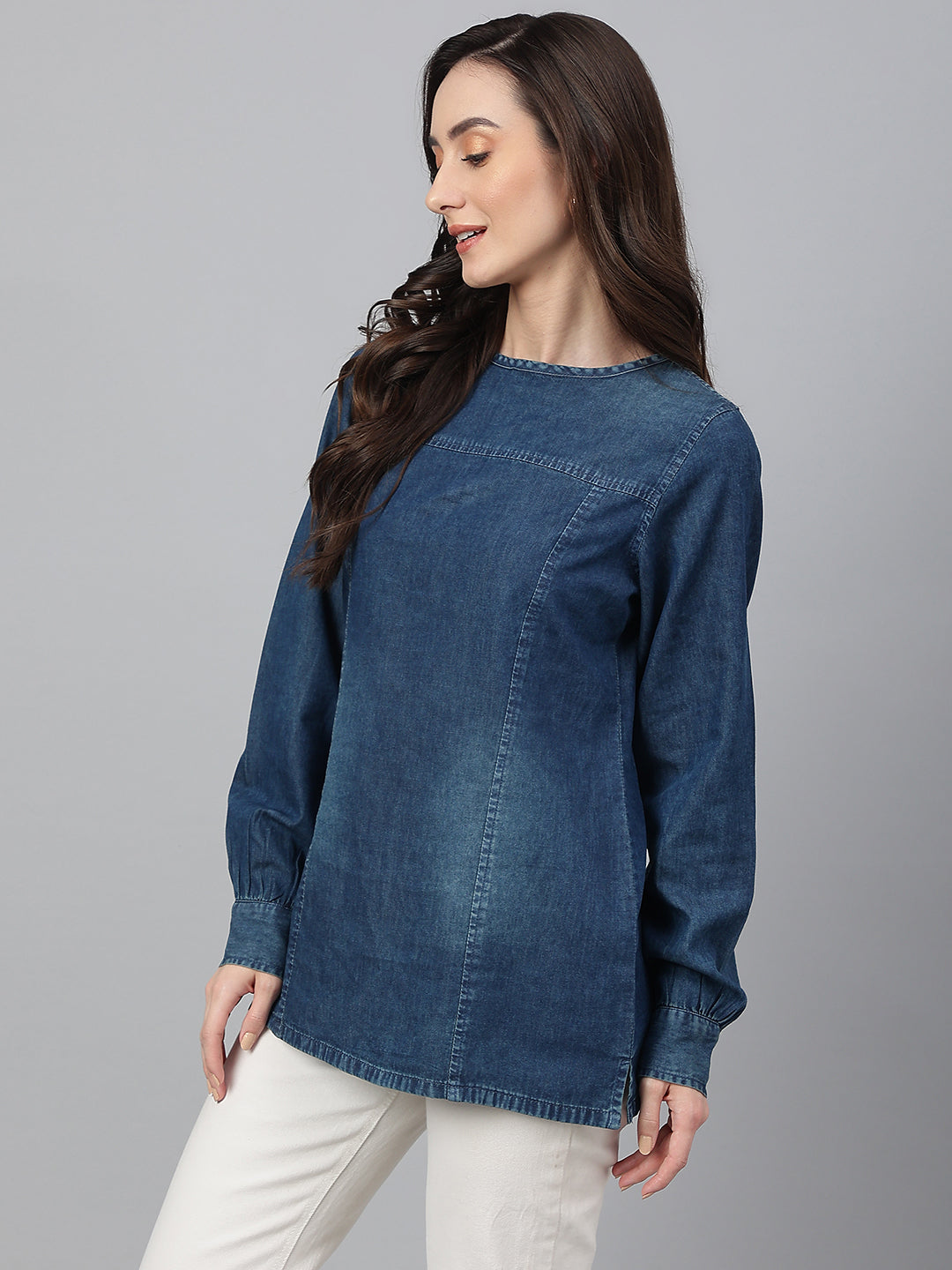 Janasya Women's Dark Blue Denim Solid Regular Top - Distacart