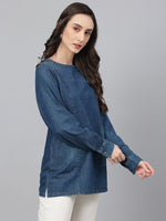 Thumbnail for Janasya Women's Dark Blue Denim Solid Regular Top - Distacart