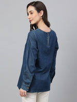 Thumbnail for Janasya Women's Dark Blue Denim Solid Regular Top - Distacart