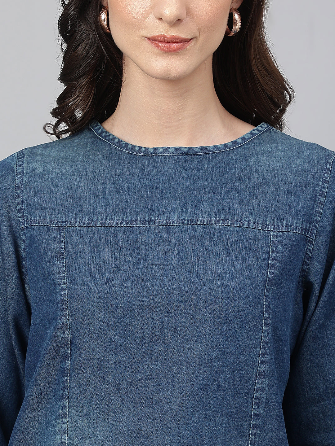 Janasya Women's Dark Blue Denim Solid Regular Top - Distacart