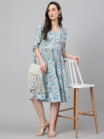 Thumbnail for Janasya Women's Blue Crepe Digital Printed Flared Western Dress - Distacart