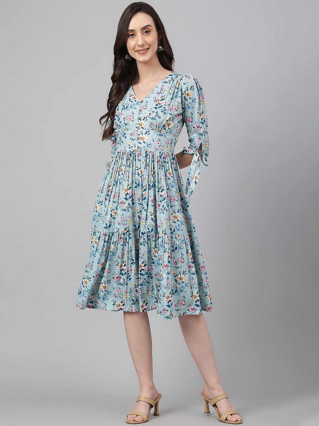 Janasya Women's Blue Crepe Digital Printed Flared Western Dress - Distacart