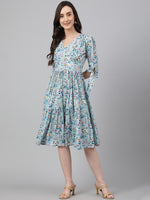 Thumbnail for Janasya Women's Blue Crepe Digital Printed Flared Western Dress - Distacart