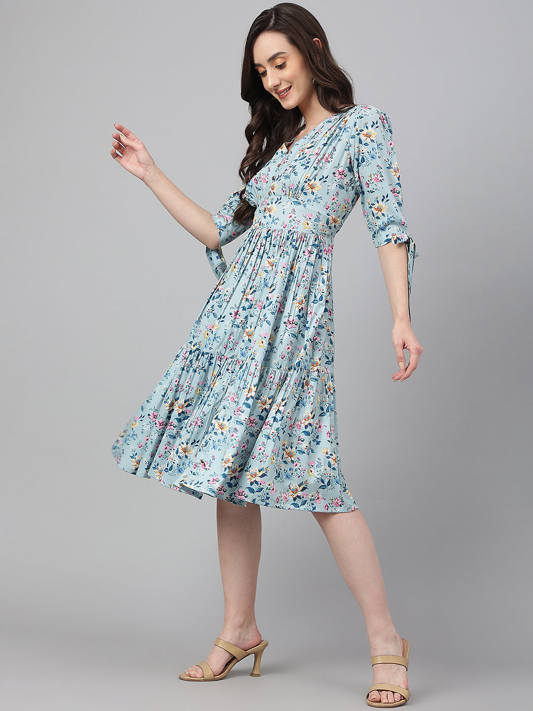 Janasya Women's Blue Crepe Digital Printed Flared Western Dress - Distacart