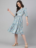 Thumbnail for Janasya Women's Blue Crepe Digital Printed Flared Western Dress - Distacart