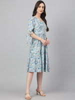 Thumbnail for Janasya Women's Blue Crepe Digital Printed Flared Western Dress - Distacart