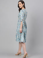 Thumbnail for Janasya Women's Blue Crepe Digital Printed Flared Western Dress - Distacart